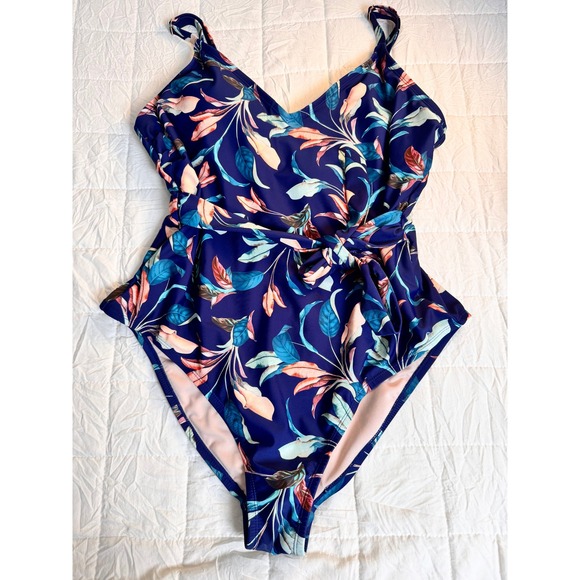 Mynah Other - Mynah Women's Swimsuit Navy Blue Floral Print One Piece Tie Waist Size 22W